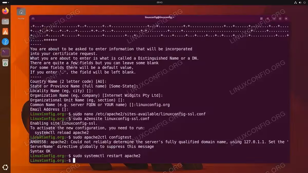 Terminal showing self-signed SSL certificate generation, virtual host configuration, and Apache configtest with Syntax OK on Ubuntu 26.04