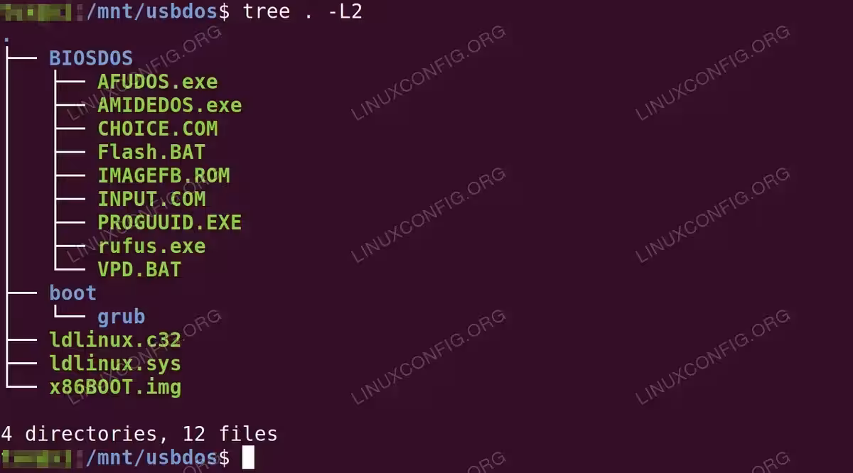 Terminal tree output showing the complete bootable DOS USB structure with BIOSDOS folder containing Flash.BAT and IMAGEFB.ROM, boot/grub directory, and x86BOOT.img