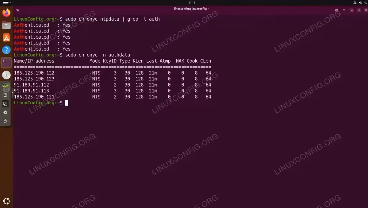 Terminal output of sudo chronyc ntpdata piped through grep and sudo chronyc -n authdata on Ubuntu 26.04 showing NTS authentication active for all five sources