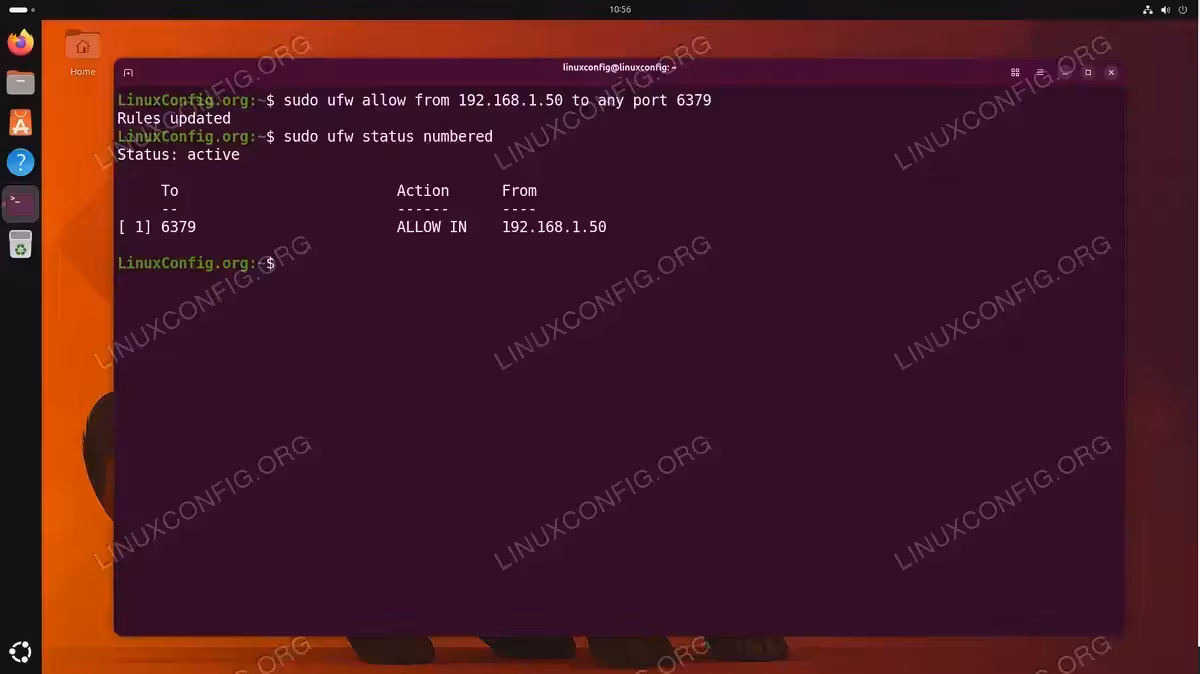 Terminal showing UFW firewall rule allowing Redis port 6379 from IP 192.168.1.50 on Ubuntu 26.04