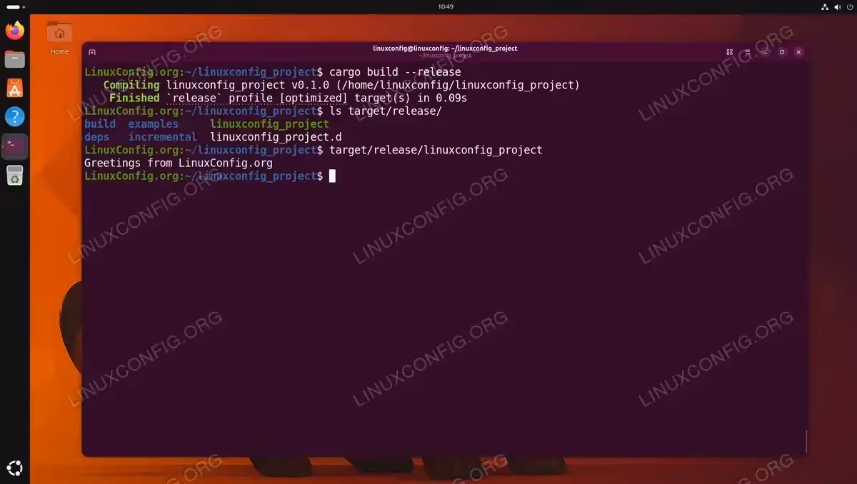 Terminal showing cargo build --release compiling an optimized binary and running it from target/release on Ubuntu 26.04