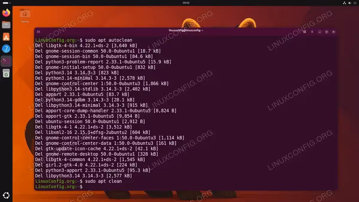 Terminal output of sudo apt autoclean and sudo apt clean on Ubuntu 26.04 showing deletion of outdated cached package files