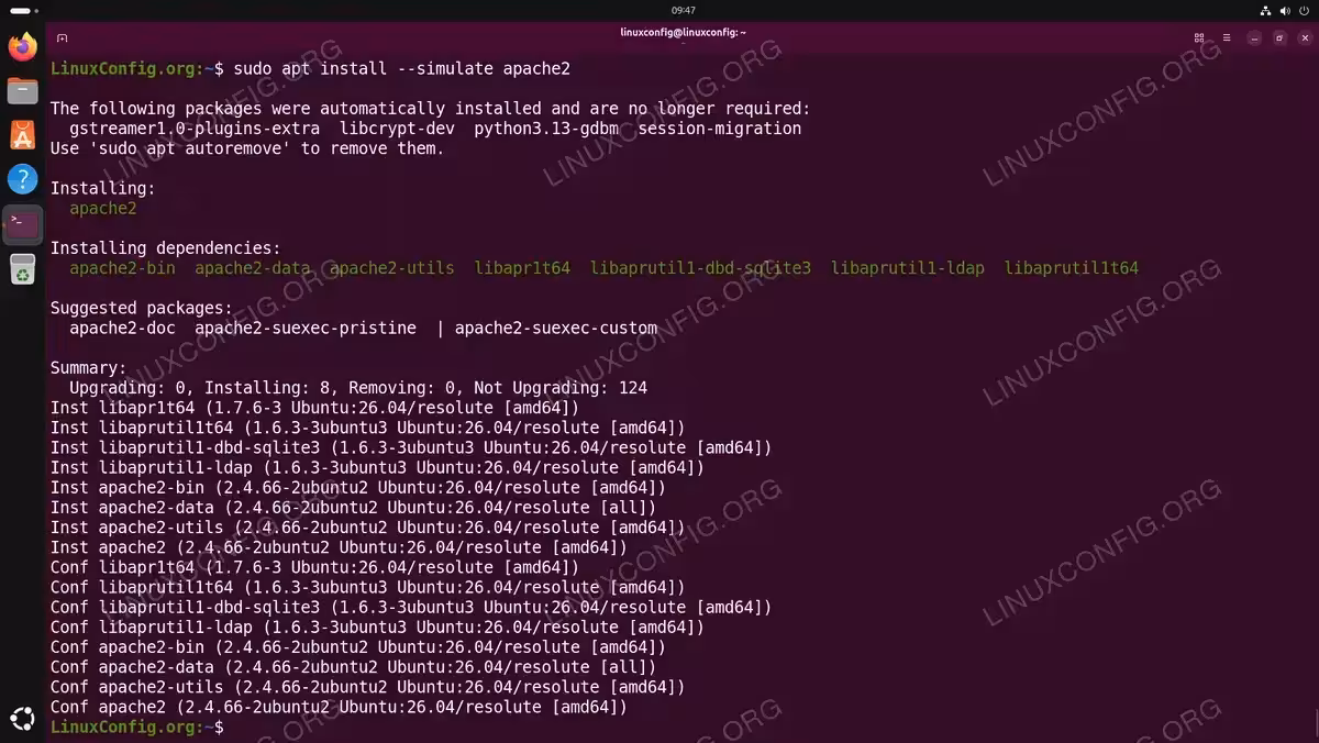 Terminal output of sudo apt install --simulate apache2 on Ubuntu 26.04 showing simulated installation of apache2 with 8 dependencies without making changes