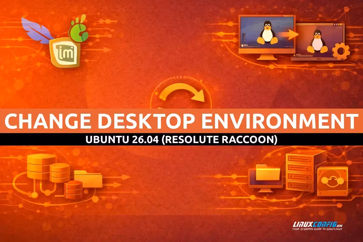 Abstract illustration representing desktop environment switching on Ubuntu Linux with multiple workspace layouts and a gear icon