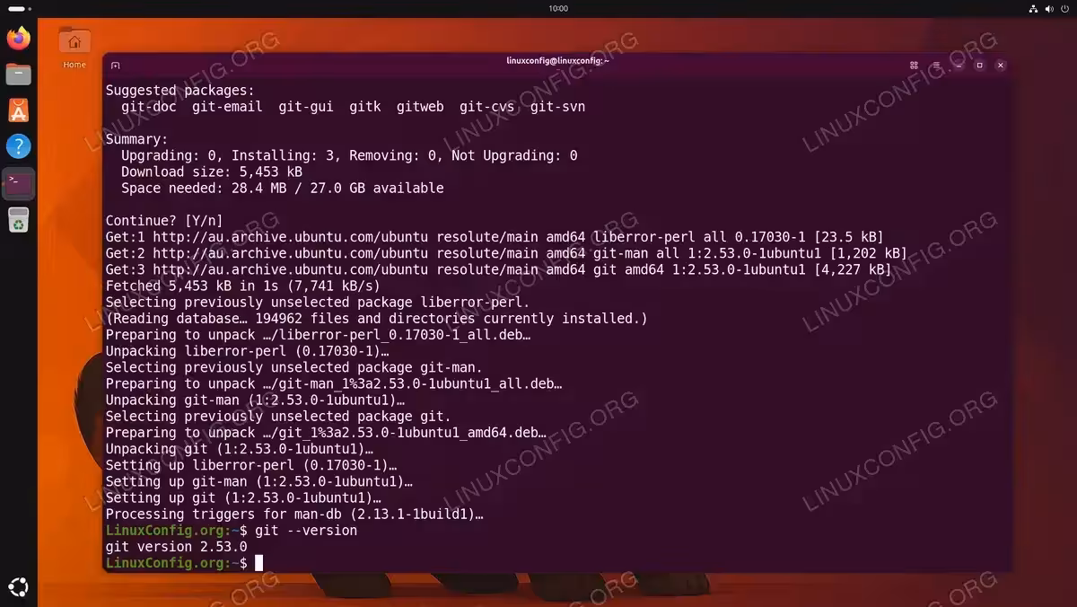 Terminal output showing Git installation via APT on Ubuntu 26.04 with package download, setup, and git version 2.53.0 confirmation