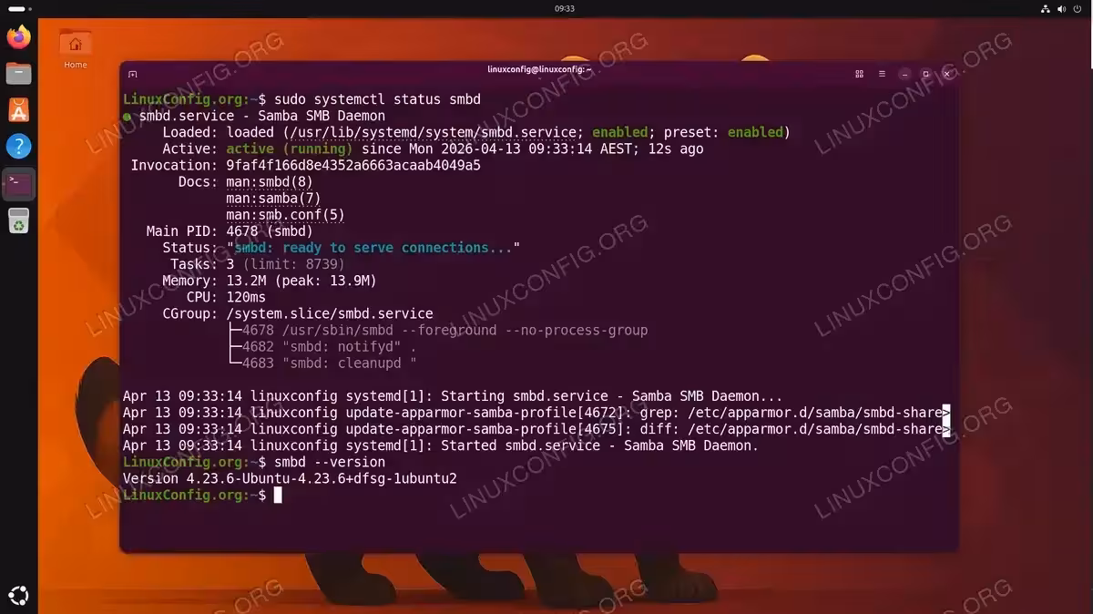 Terminal output showing the smbd service active and running on Ubuntu 26.04 with Samba version 4.23.6 displayed