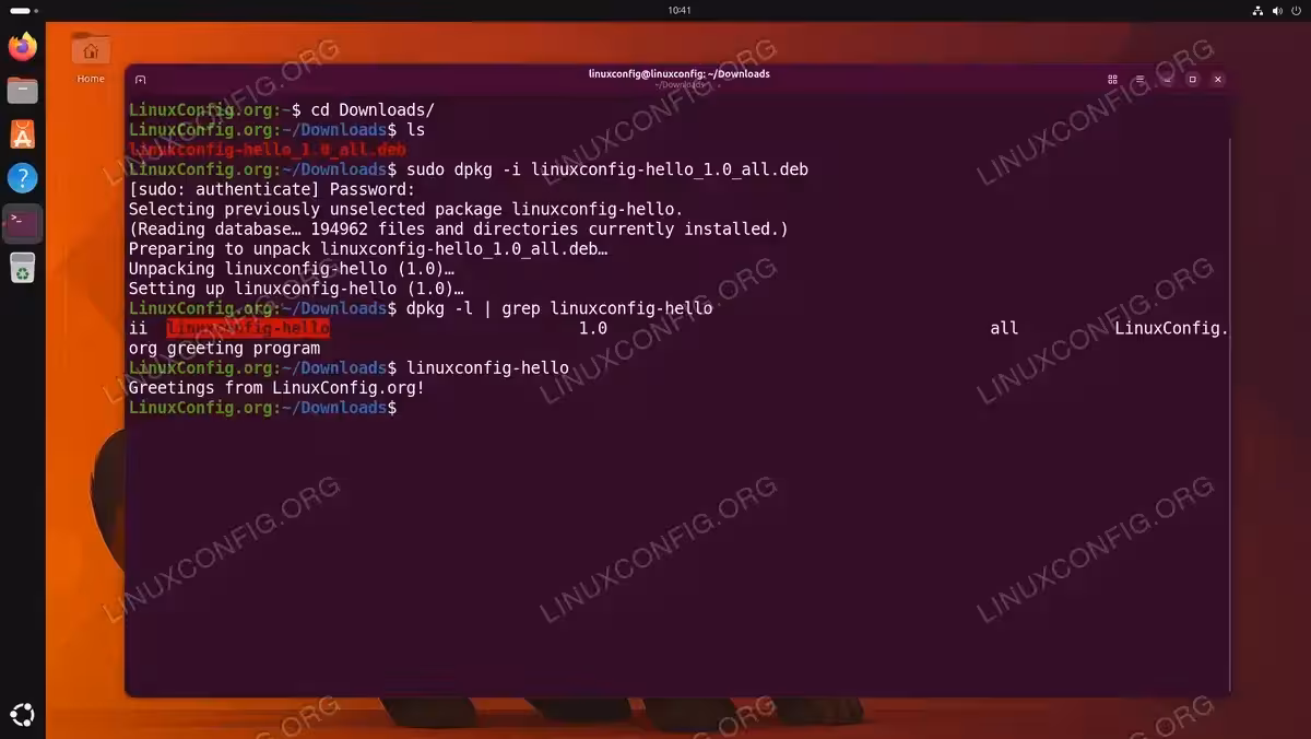 Terminal showing dpkg -i installation of linuxconfig-hello_1.0_all.deb on Ubuntu 26.04 with verification using dpkg -l
