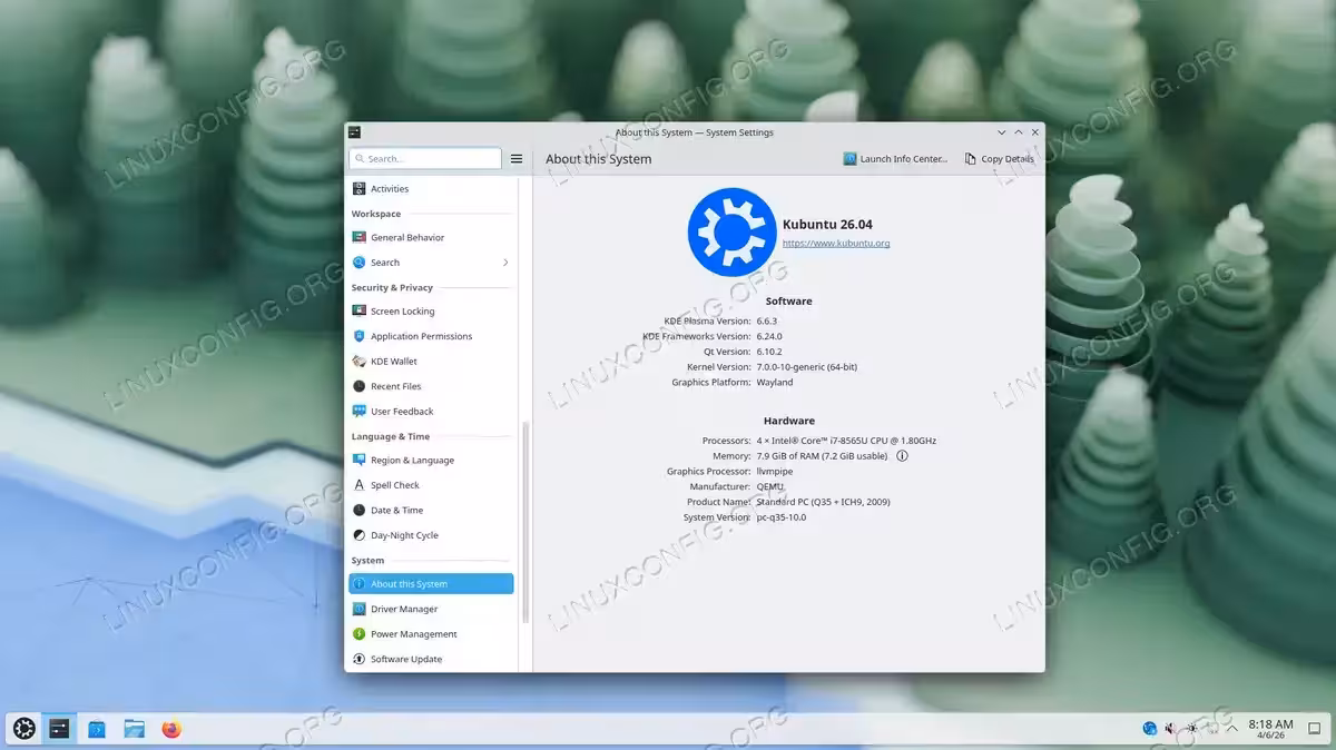 KDE Plasma desktop on Kubuntu 26.04 showing the About this System dialog with Plasma 6.5.3, Wayland graphics platform, and system hardware details