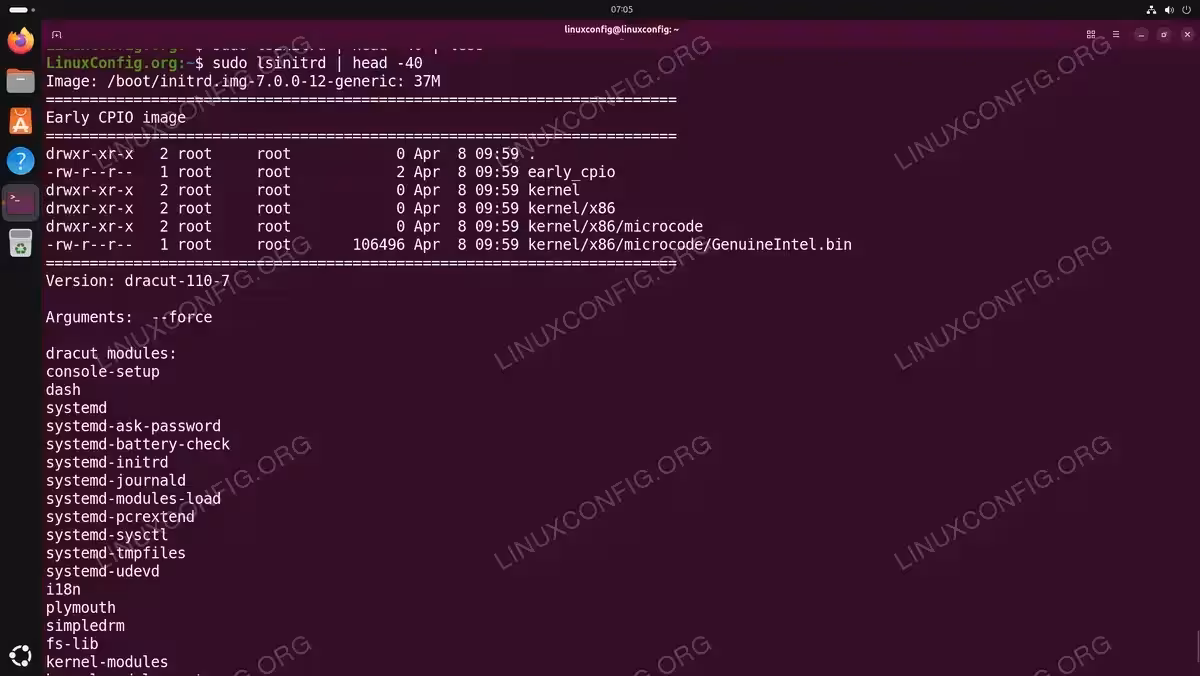 Terminal output of sudo lsinitrd showing the Early CPIO image with Intel microcode, Dracut version 110-7, build arguments, and included modules list on Ubuntu 26.04
