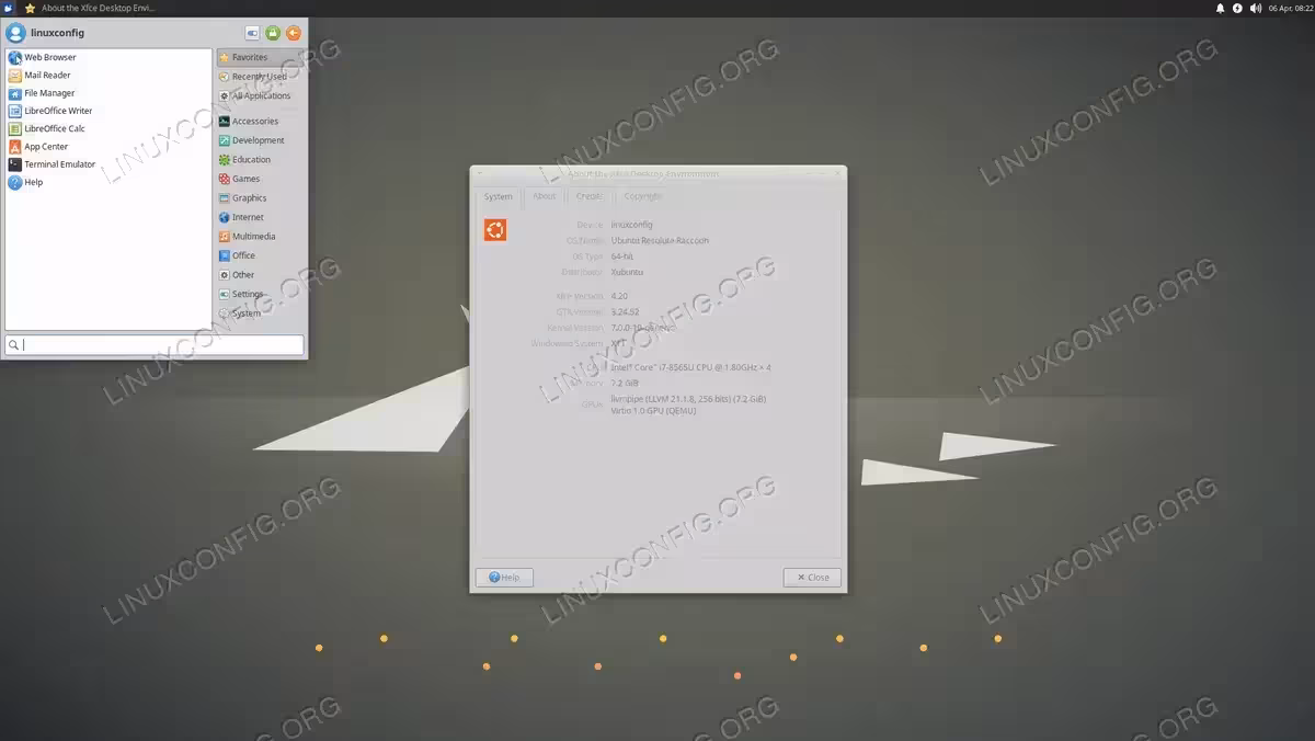 Xfce desktop on Ubuntu 26.04 Resolute Raccoon showing the About dialog with Xfce 4.20, Xubuntu distribution, and the Whisker Menu open