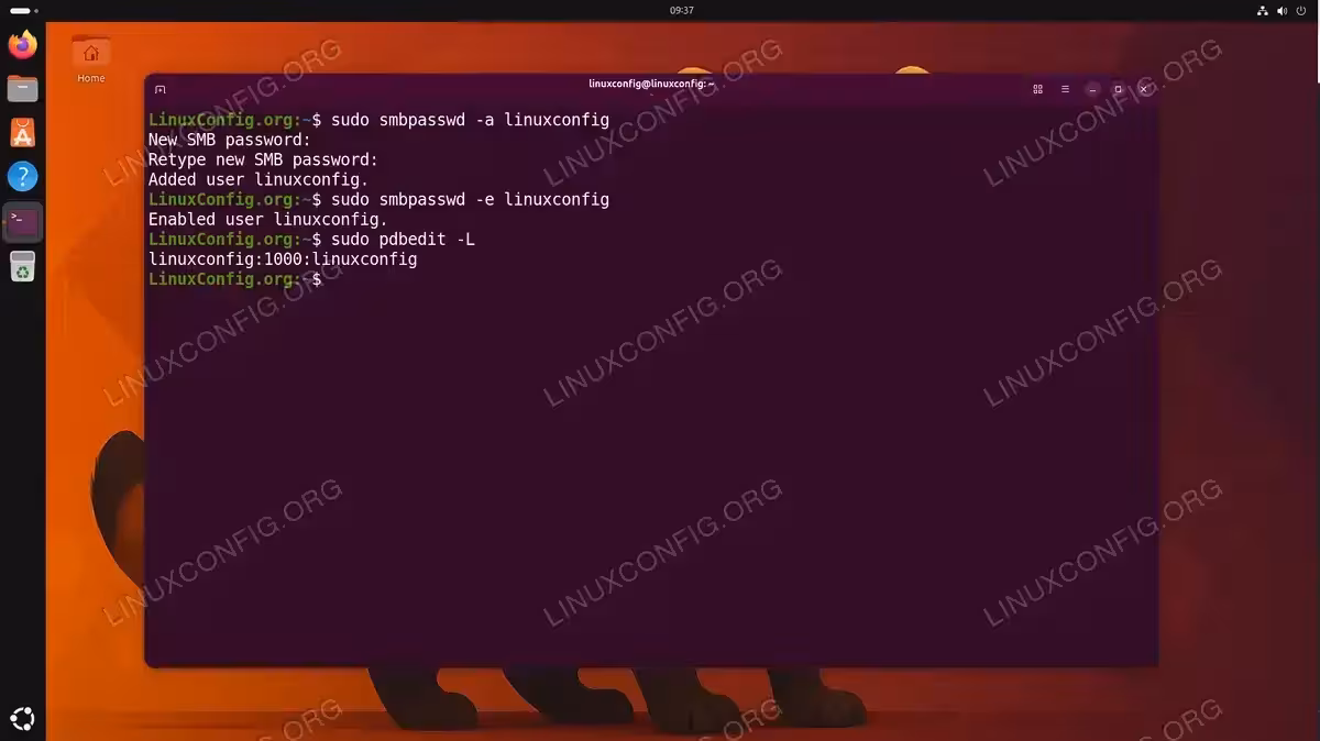Terminal output showing Samba user creation with smbpasswd and user listing with pdbedit on Ubuntu 26.04