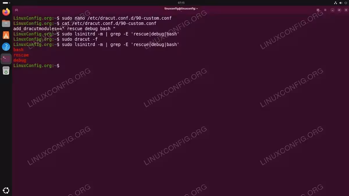 Terminal showing custom Dracut configuration in 90-custom.conf adding rescue, debug, and bash modules, followed by rebuild and verification with lsinitrd confirming all three modules are included