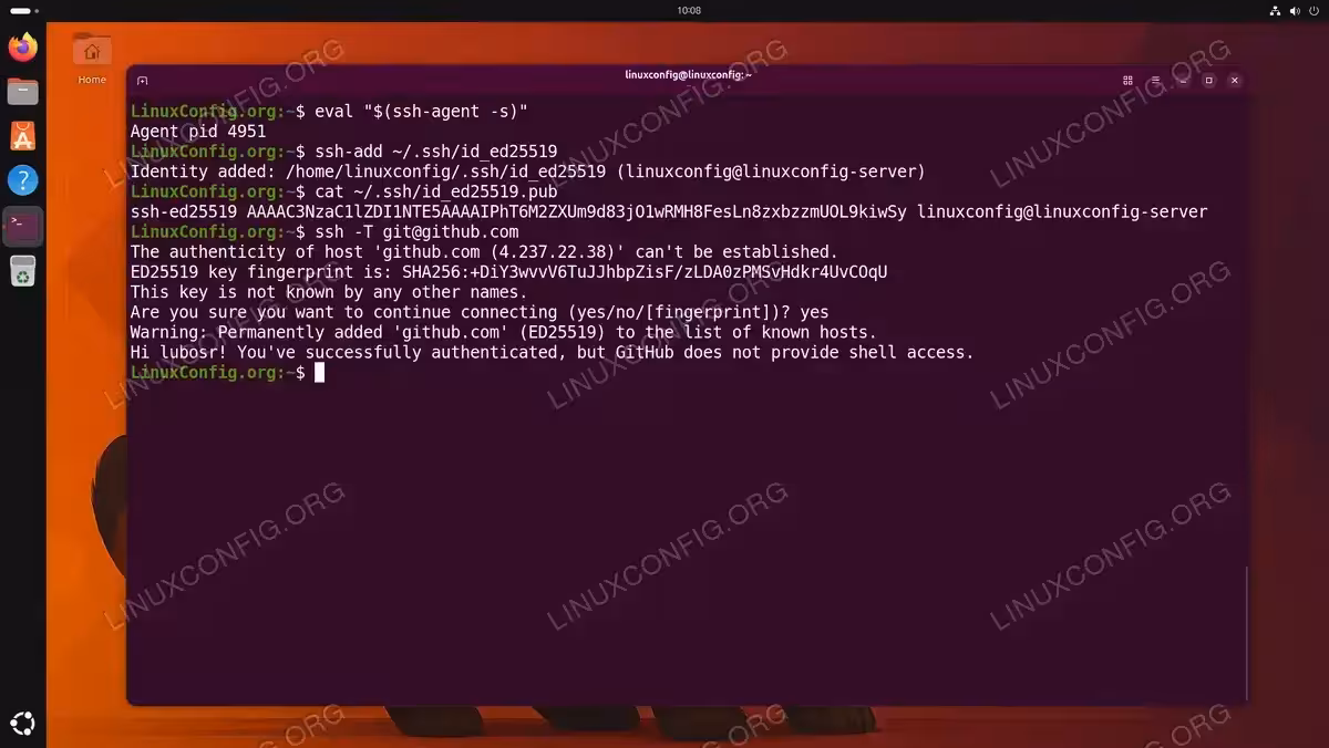 Terminal output showing SSH agent startup, key addition, public key display, and successful SSH authentication test with GitHub