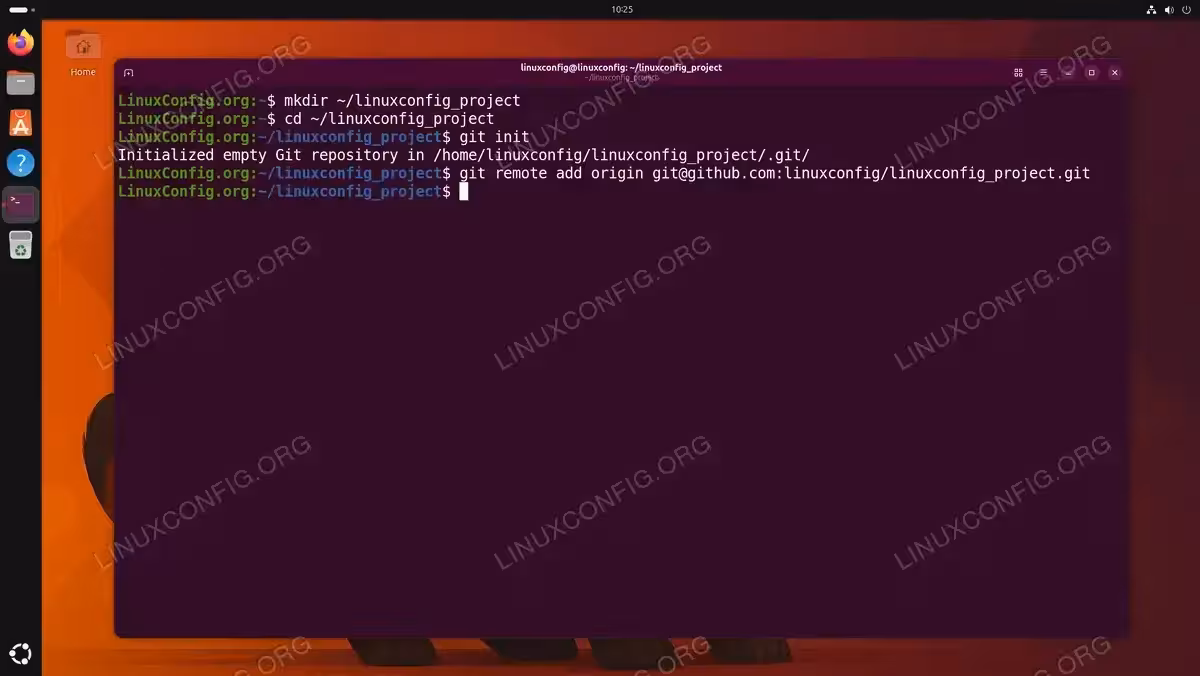 Terminal output showing creation of linuxconfig_project directory, Git repository initialization, and adding the GitHub remote origin on Ubuntu 26.04