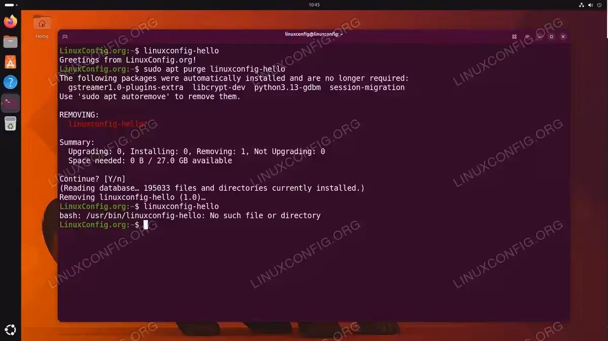 Terminal showing apt purge removing the linuxconfig-hello package on Ubuntu 26.04 and confirming removal