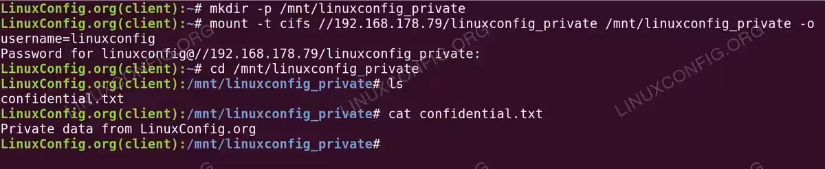 Terminal output from a Linux client mounting and accessing the private Samba share from Ubuntu 26.04 server at 192.168.178.79