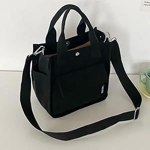 Solid Large Tote Satchel Bag, Women's Lightweight Canvas Shoulder Bag with Pockets and Removable Shoulder Strap for Work, Daily, Black