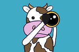 The image shows an adorable hand drawn cow looking though a telescope right at the reader. The cow is white with brown spots and the background is a cool teal.
