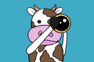 The image shows an adorable hand drawn cow looking though a telescope right at the reader. The cow is white with brown spots and the background is a cool teal.
