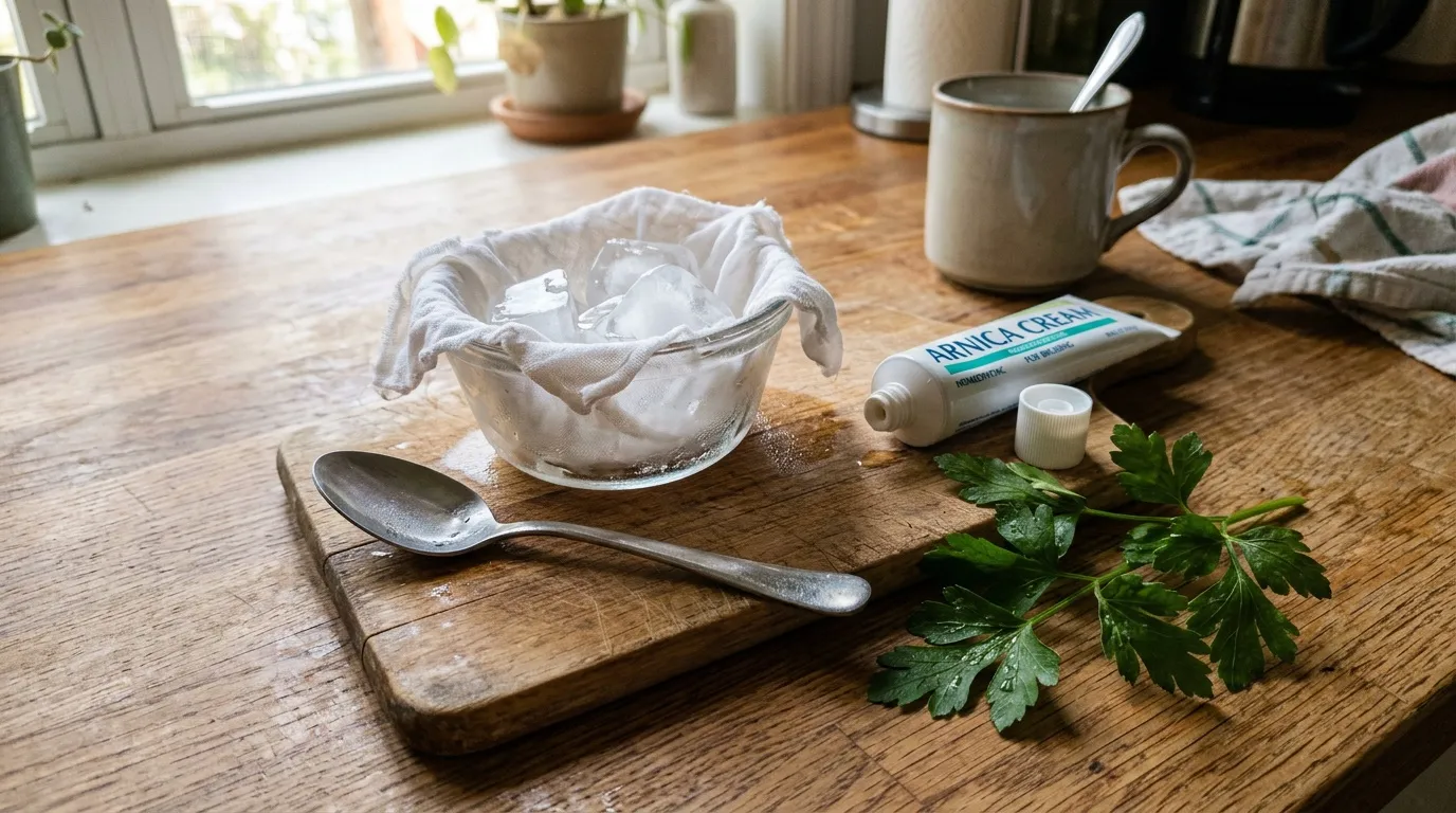 Suçon : astuces grand-mère pour le faire disparaître Bol de crème blanche, tube arnica, persil frais et cuillère sur planche bois
