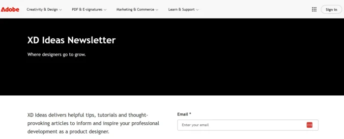 Screenshot of the landing page for XD Ideas, the newsletter that has become the central hub of Adobe XDâs community of creatives.