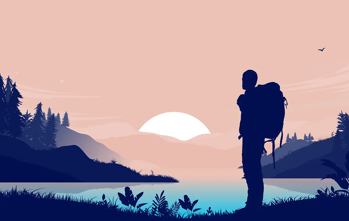 夕日の沈む湖のほとりに立つ旅人 イラスト