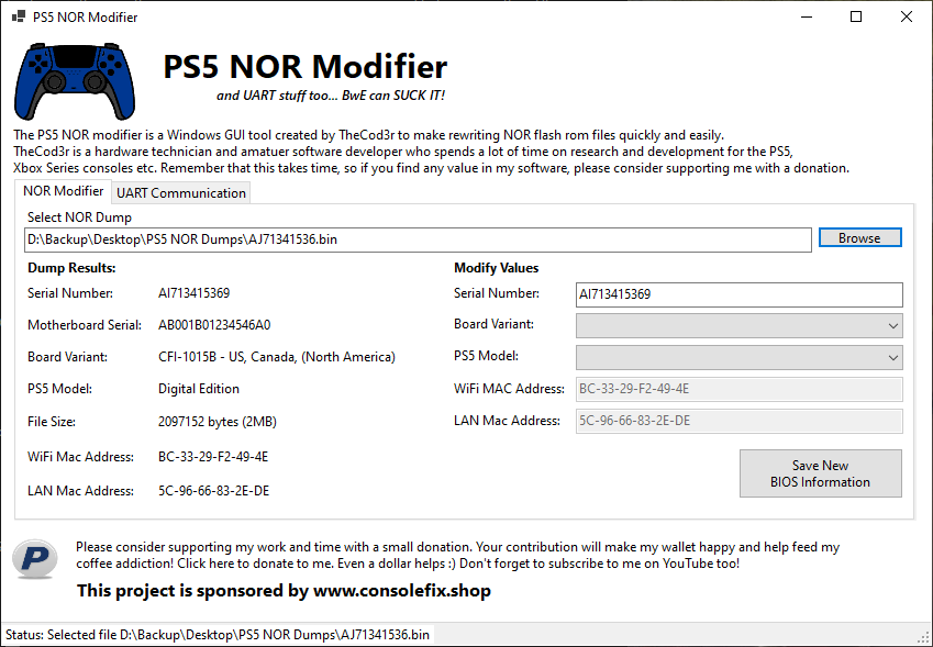 PS5 NOR Modifier加载转储文件后的数据解析界面