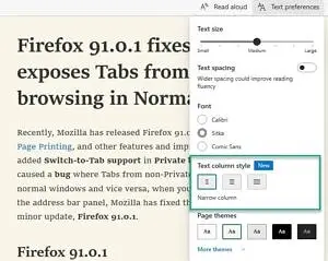 Text column style option in Microsoft Edge browser