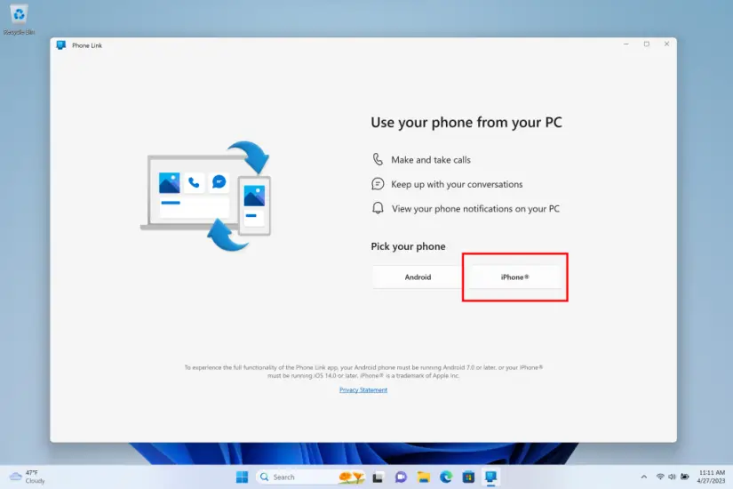 Choosing iPhone in Phone Link