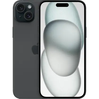 An Apple iPhone 15 Plus on black showing the front and back of the smartphone.