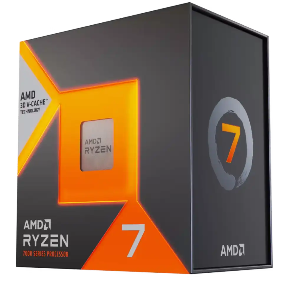 AMD Ryzen 7 7800X3D, angled view in package