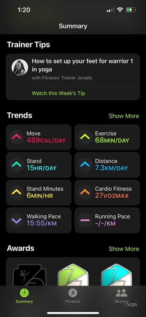 A list of trends for a user in the Apple Fitness app