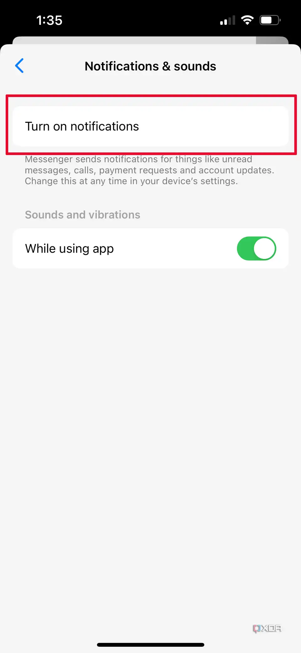 Messenger Notifications & sounds menu with Turn on notifications selected.