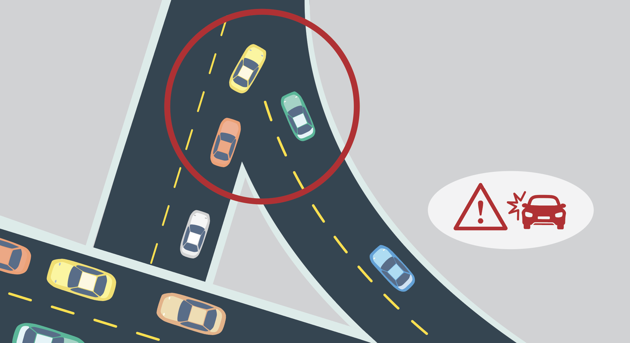 Illustration of cars merging on a freeway with a red circle and warning icon indicating an area with a high risk of collision.