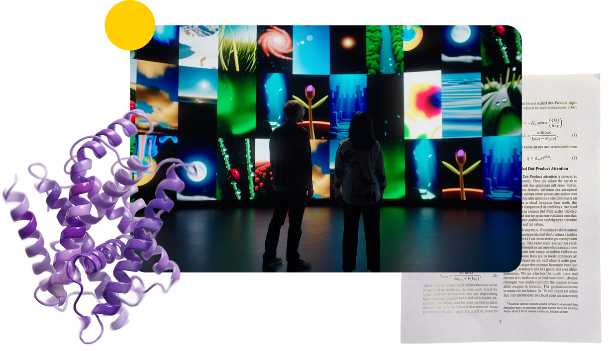 people standing in front of a screen with images and a chipboard