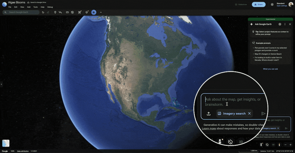 A user types “find algae blooms in rivers in the U.S.” within Google Earth and is shown locations of blooms.