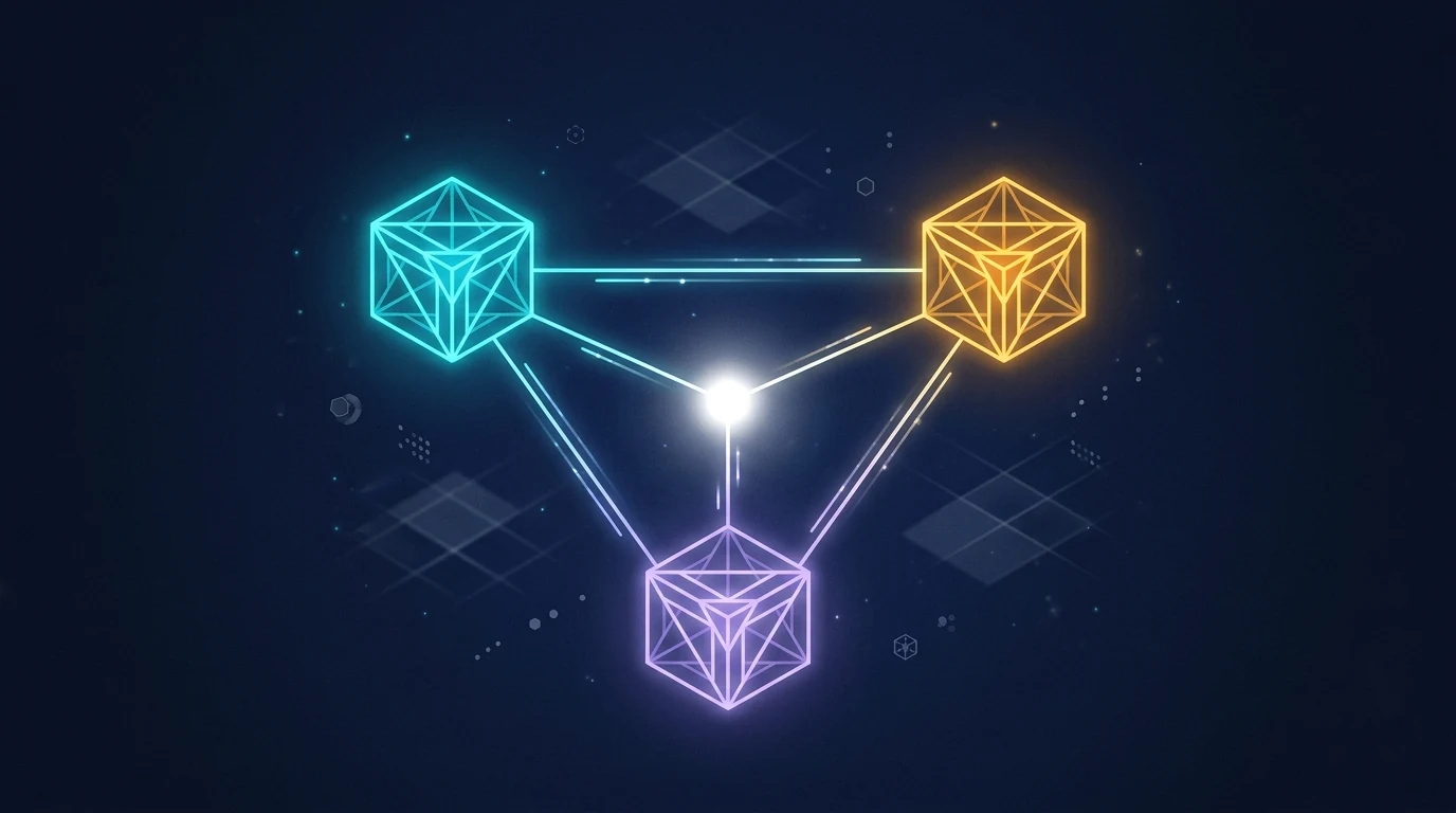 Three glowing wireframe cubes in cyan, amber, and violet arranged in a triangle and connected by light lines converging at a central white point of consensus, representing three AI models synthesizing into a single decision
