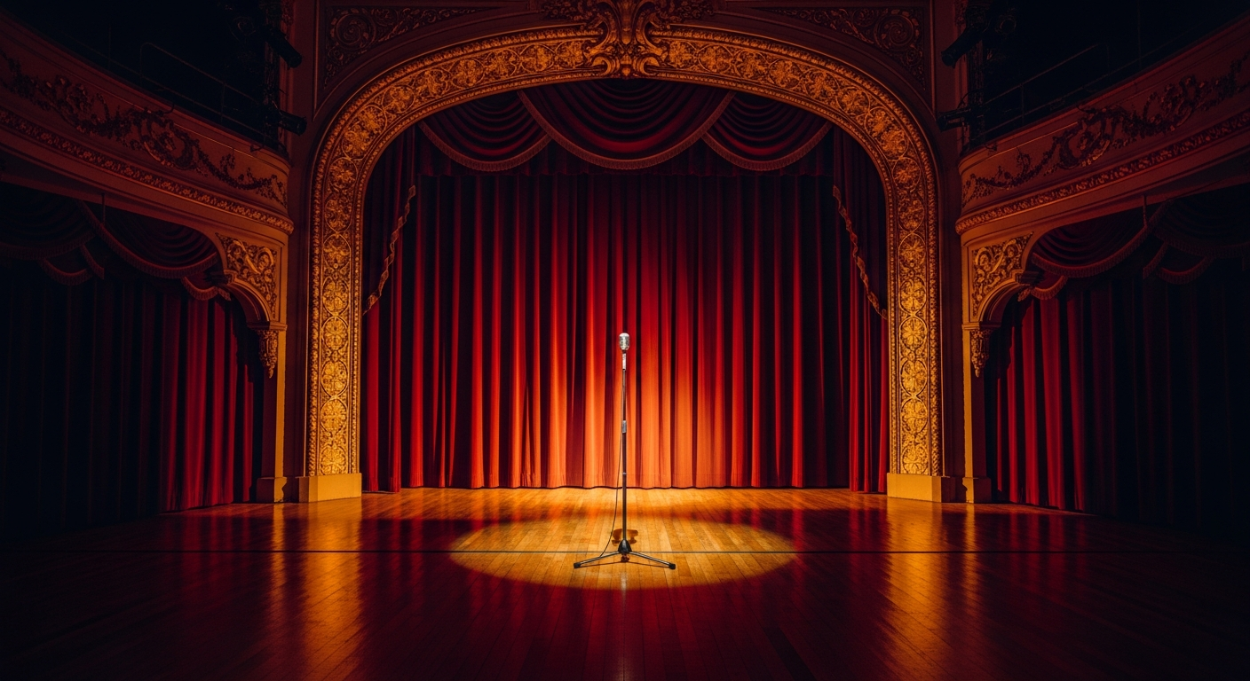 Empty stage at the Historic Everett Theatre — single spotlight on a vintage microphone stand under restored gold-leaf proscenium and deep red velvet curtains.