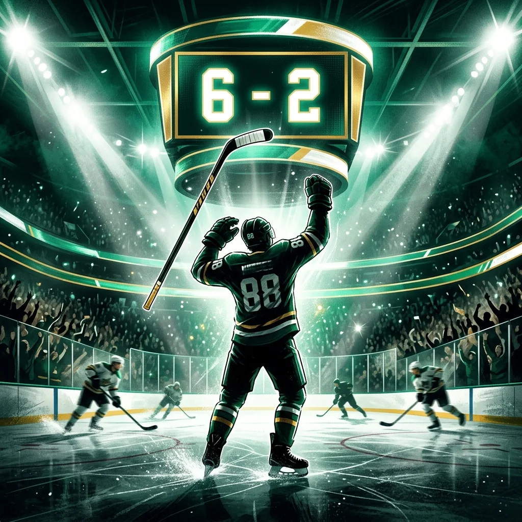 An editorial illustration representing a decisive ice hockey victory. A scoreboard displays 6-2 in glowing digital numbers, with a silhouetted hockey player raising a stick in triumph on ice under brilliant stadium lights.