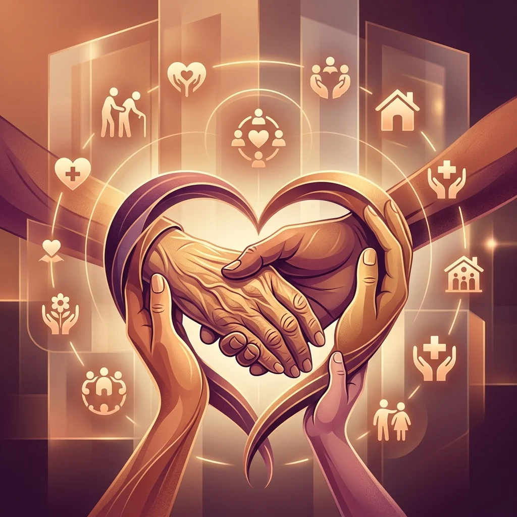 An editorial illustration showing a family hand holding an elderly hand forming a heart silhouette, in front of a warm glassmorphic building.