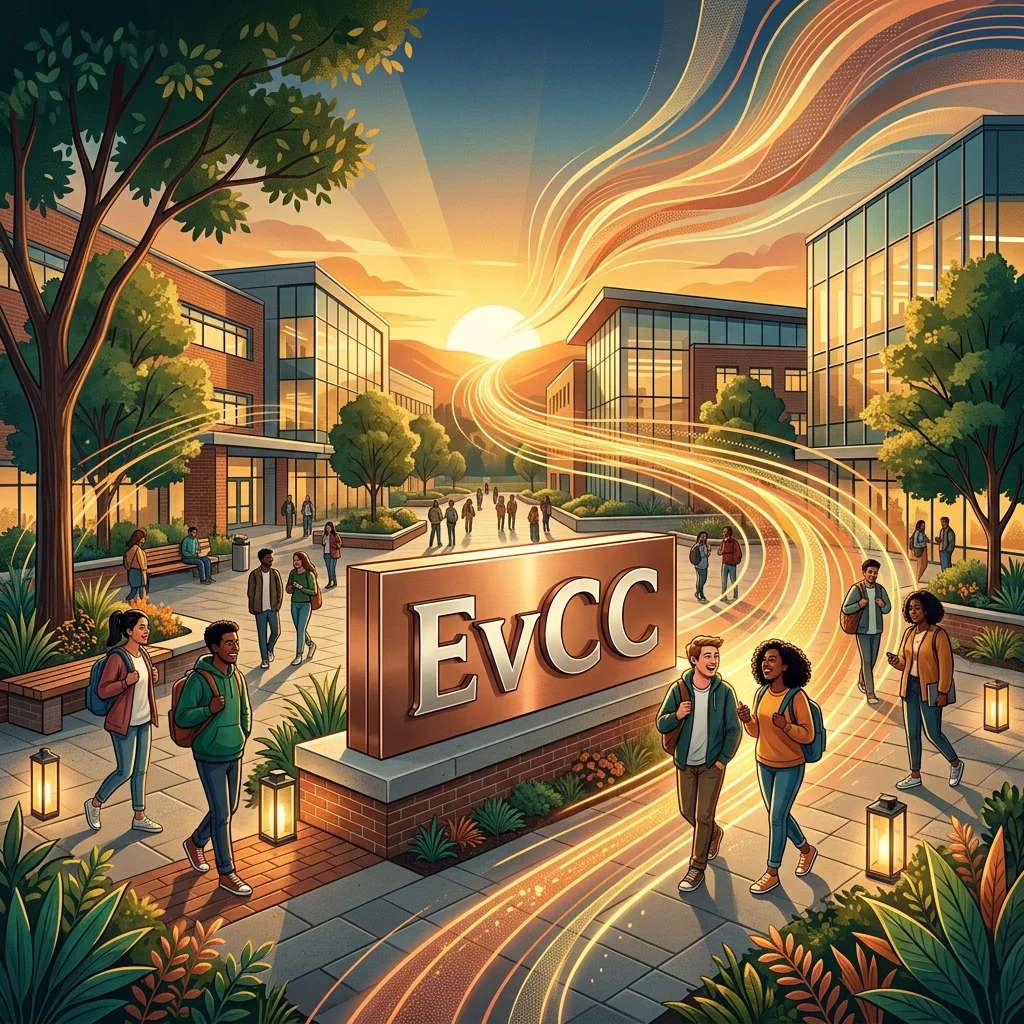 An editorial illustration of the EvCC campus courtyard at sunset, with a prominent architectural nameplate and paths of opportunities.