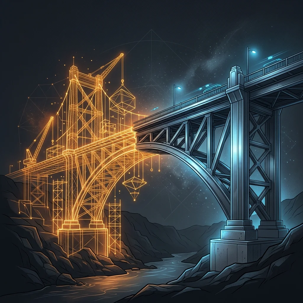 An editorial illustration of a bridge under construction, where one half is a fragile glowing wireframe and the other is a solid metallic structure.