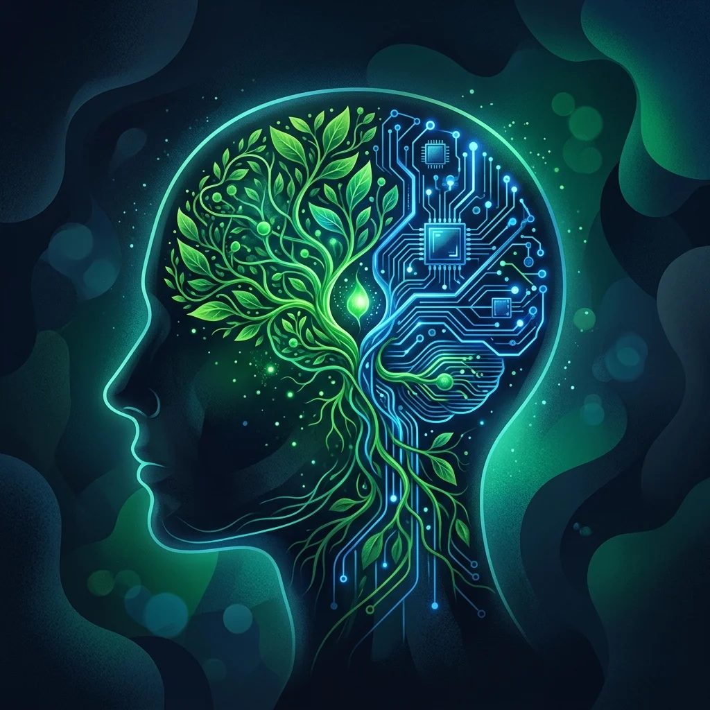 An editorial illustration showing a human silhouette with a brain made of a balance of growing organic leaves and glowing electronic circuits.