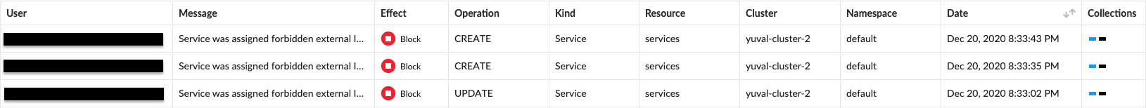 Once the rule is in place, attempts to exploit CVE-2020-8554 and set up services that expose forbidden external IPs will fail and trigger an alert under ‘Monitor/Event/Admission audits’.