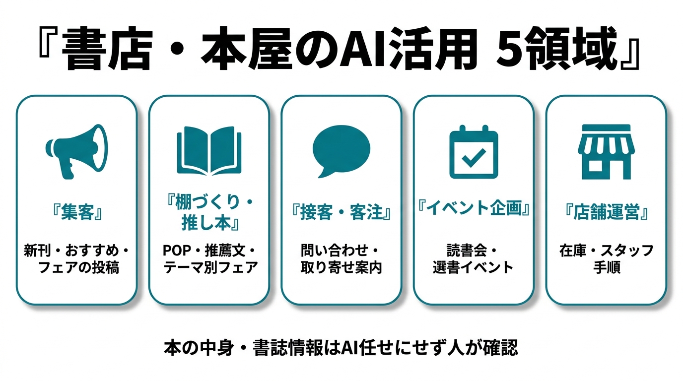 書店・本屋のAI活用5領域。①集客(新刊・おすすめ・フェアの投稿)②棚づくり・推し本(POP・推薦文・テーマ別フェア)③接客・客注(問い合わせ・取り寄せ案内)④イベント企画(読書会・選書イベント)⑤店舗運営(在庫・スタッフ手順)。本の中身・書誌情報はAI任せにせず人が確認。