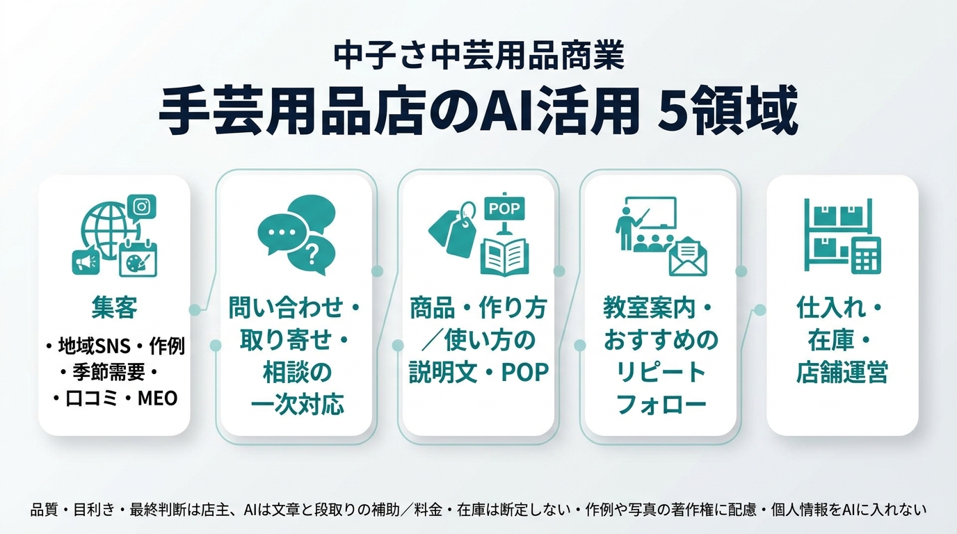 手芸用品店のAI活用5領域。①集客(地域SNS・作例・季節需要・口コミ・MEO)②問い合わせ・取り寄せ・相談の一次対応 ③商品・作り方/使い方の説明文・POP ④教室案内・おすすめのリピートフォロー ⑤仕入れ・在庫・店舗運営。品質・目利き・最終判断は店主、AIは文章と段取りの補助、料金・在庫は断定しない・作例や写真の著作権に配慮・個人情報をAIに入れない。
