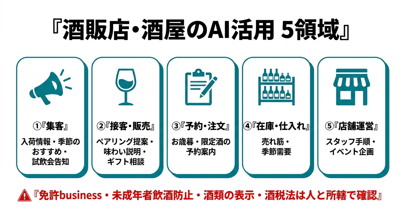 酒販店・酒屋のAI活用5領域。①集客(入荷情報・季節のおすすめ・試飲会告知)②接客・販売(ペアリング提案・味わい説明・ギフト相談)③予約・注文(お歳暮・限定酒の予約案内)④在庫・仕入れ(売れ筋・季節需要)⑤店舗運営(スタッフ手順・イベント企画)。免許business・未成年者飲酒防止・酒類の表示・酒税法は人と所轄で確認。