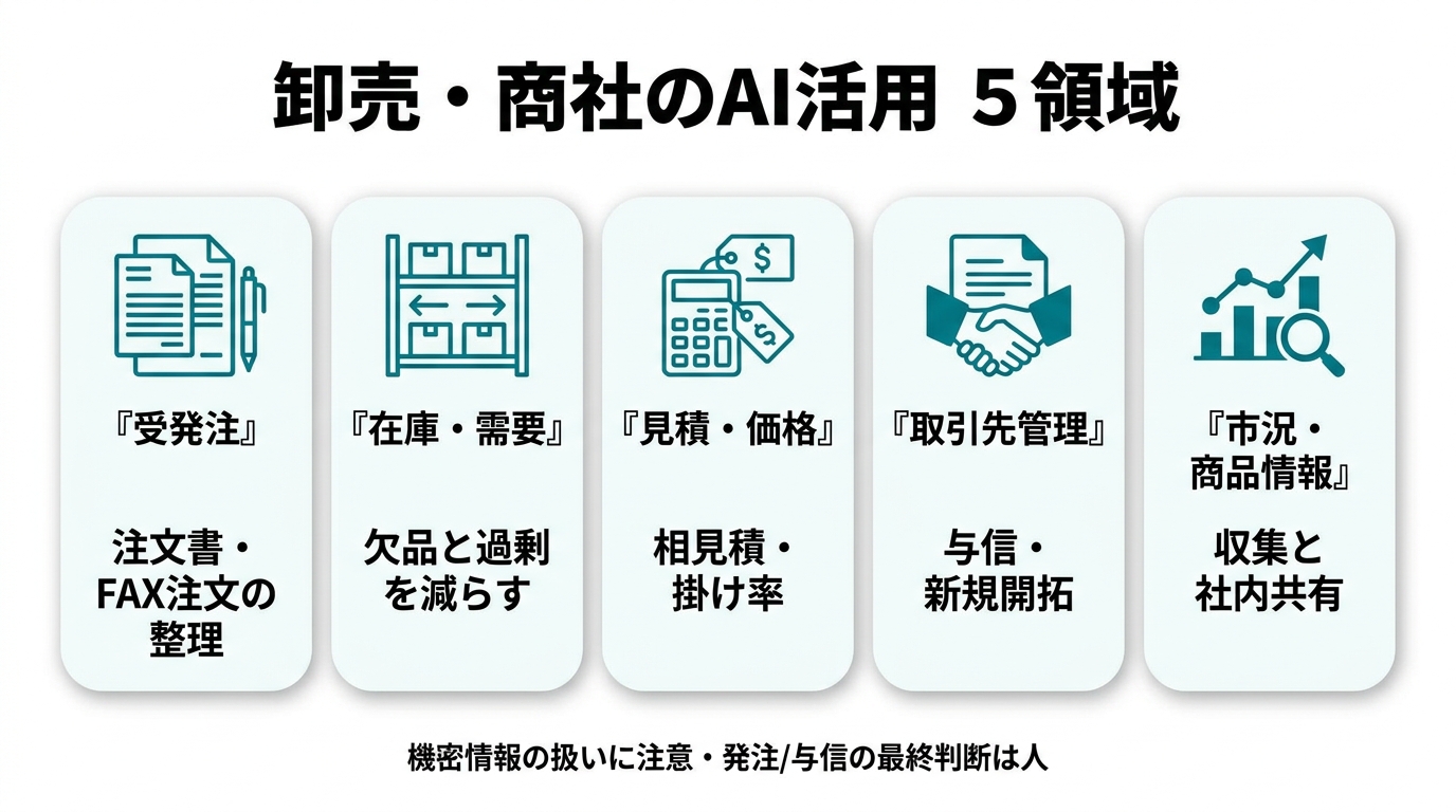 卸売・商社のAI活用5領域。①受発注(注文書・FAX注文の整理)②在庫・需要(欠品と過剰を減らす)③見積・価格(相見積・掛け率)④取引先管理(与信・新規開拓)⑤市況・商品情報(収集と社内共有)。機密情報の扱いに注意・発注/与信の最終判断は人。