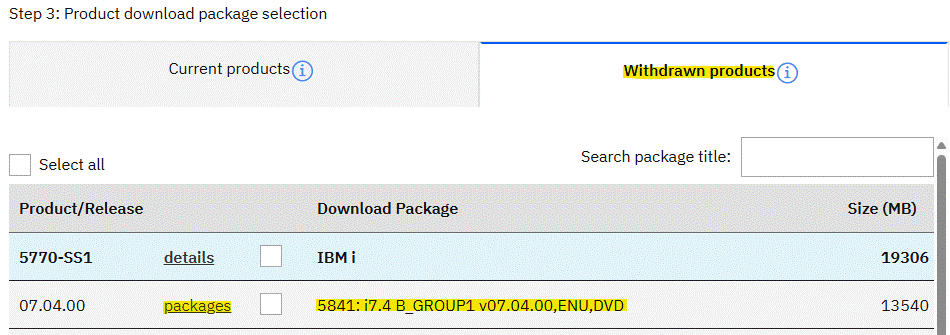 Screen shot of 5841 IBM i 7.4 OS Group package.