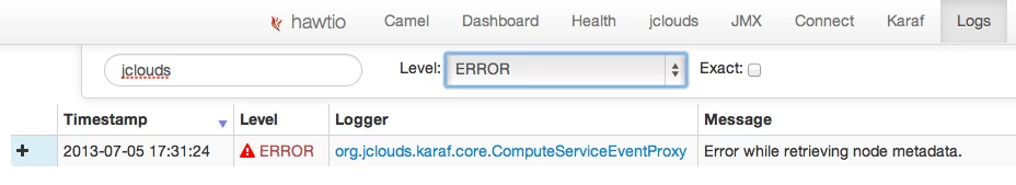 Searching the logs for jclouds related errors